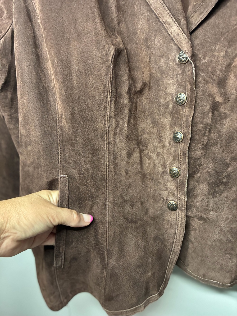 Retro Suede Button-Front Brown Women's Jacket - Picture 5 of 8